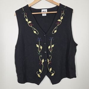 Vtg 90s Y2K Leslie Fay Black Floral Beaded Embroidered Knit Vest 1X Button Up